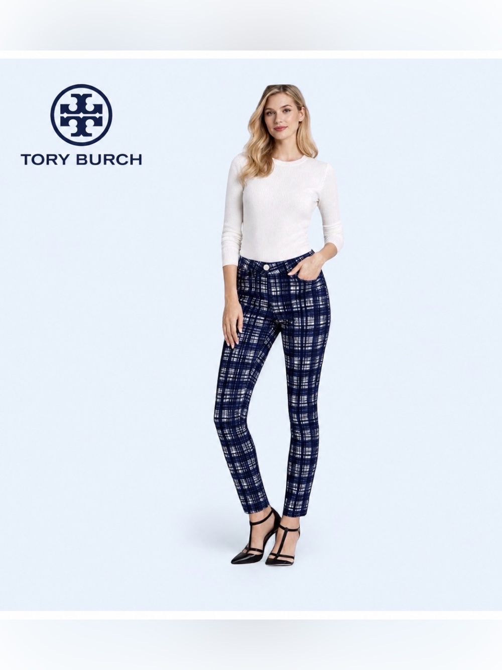 Tory Burch Conner Tab Skinny Ankle Pants 28 Blue White Plaid Y2K Preppy Stretch